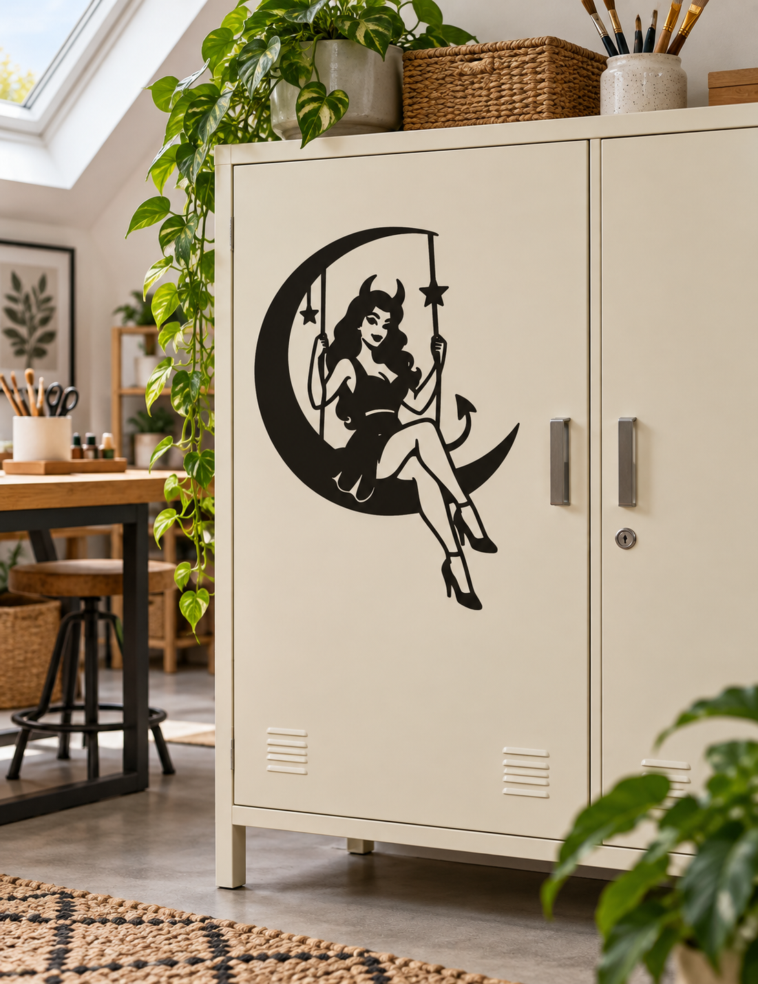 Moon swing pinup vinyl decal, black crescent moon devil girl holding trident (DevilGirlCX028)