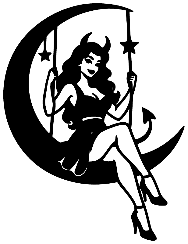Black pinup devil girl vinyl decal on a crescent moon, moon-swing pose with stars