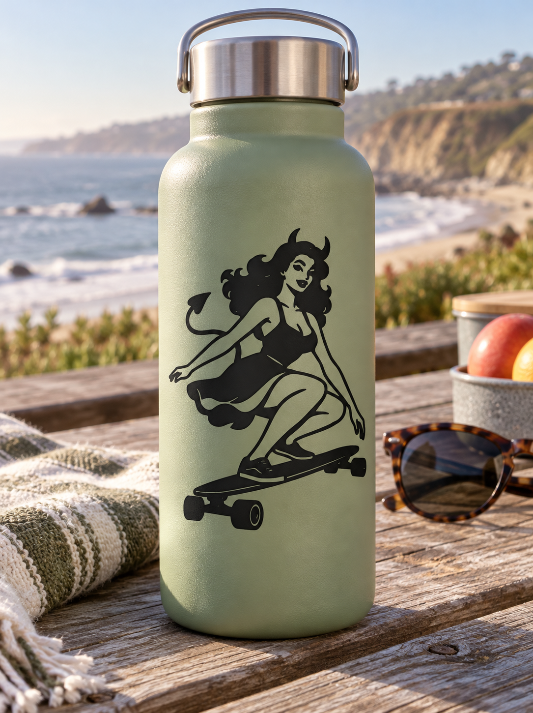 Black vinyl decal of devil girl on a skateboard on a light green water bottle