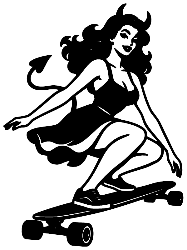 Black vinyl decal of a devil girl skateboarding, wind-swept hair silhouette