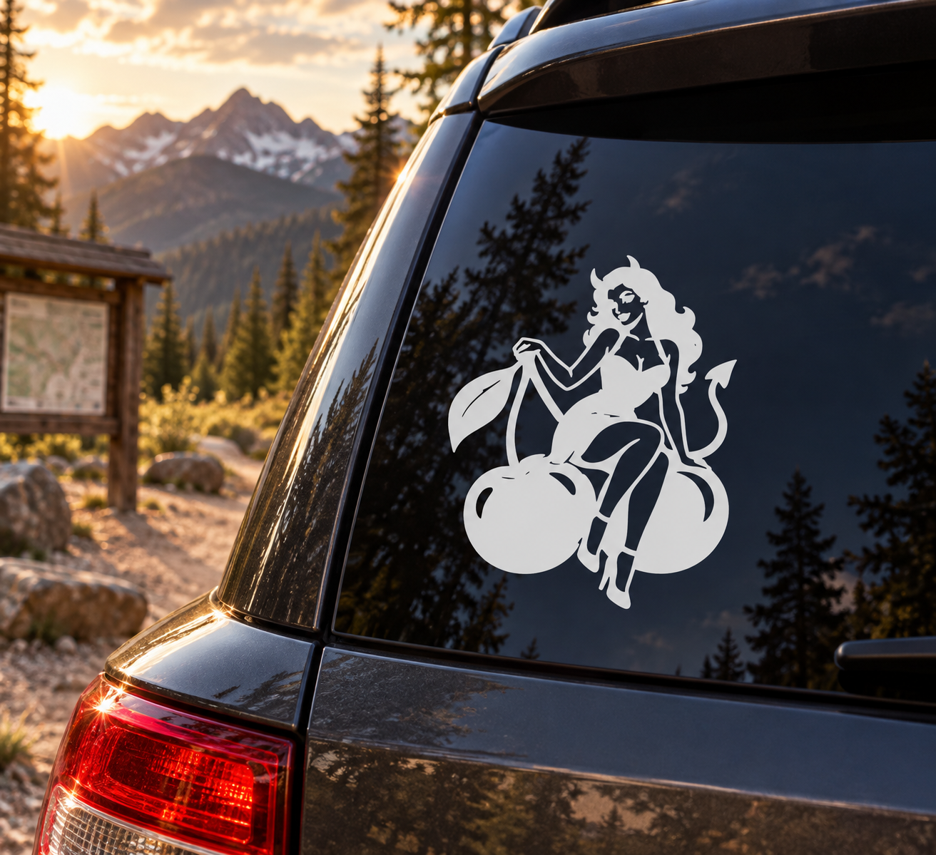 Cherry Bomb emblem vinyl decal with white devil girl silhouette and cherry details