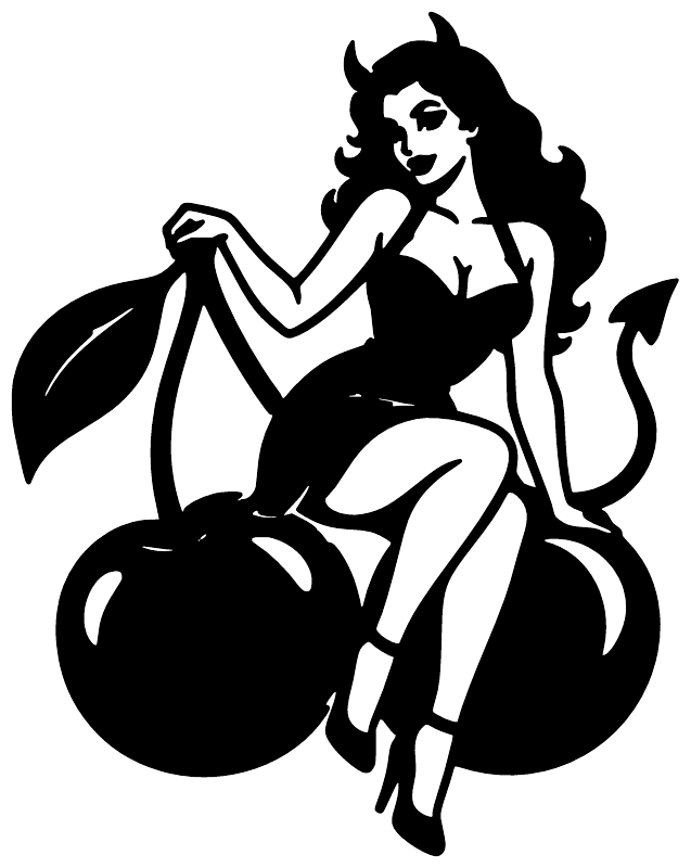 Cherry Bomb emblem vinyl decal, black devil girl silhouette with cherry bomb details