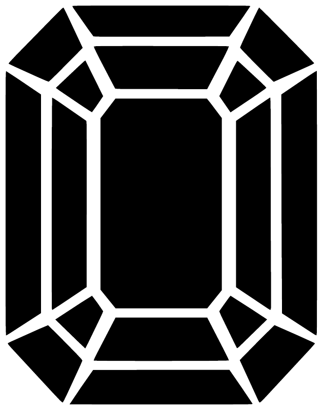 Emerald-cut gem vinyl decal close-up, black rectangle with white facet border