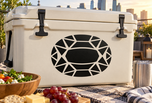 Oval gem vinyl decal on light cooler: black oval with white facets