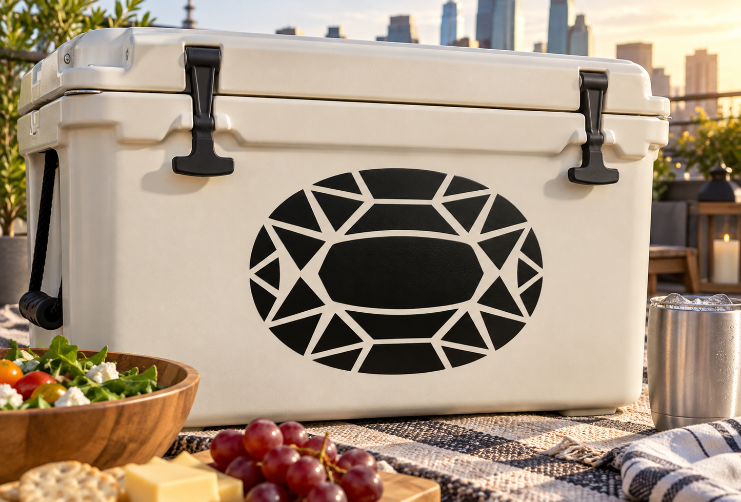 Oval gem vinyl decal on light cooler: black oval with white facets