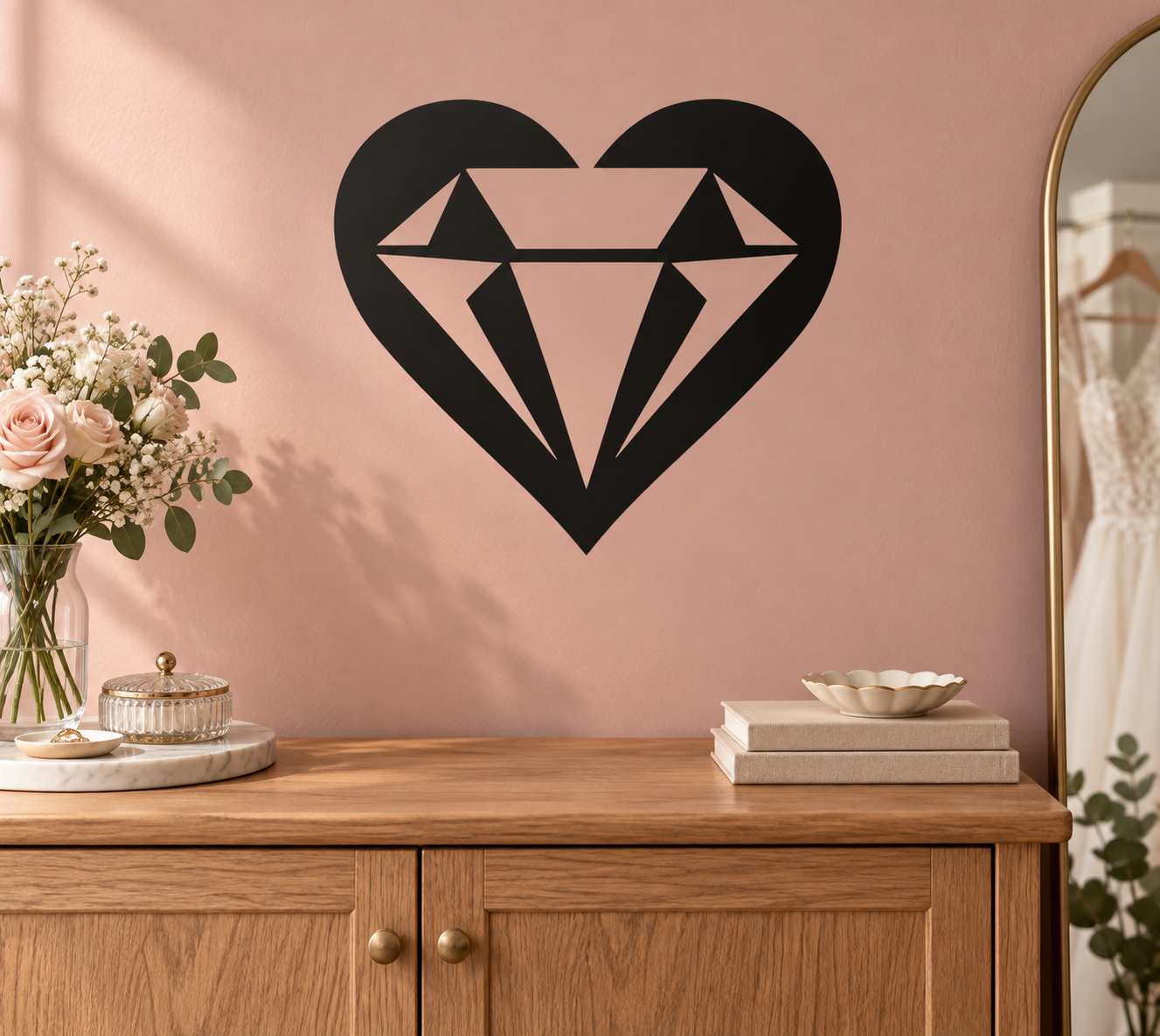 Heart gem vinyl decal: black heart with white faceted diamond center