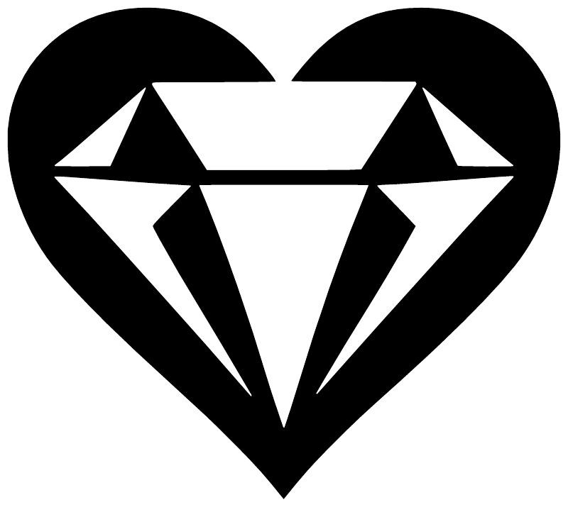 Heart gem vinyl decal close-up: black heart outline with white diamond facets