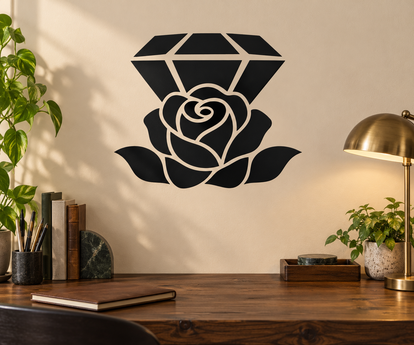 Black and white rose with diamond-shaped top vinyl wall decal
