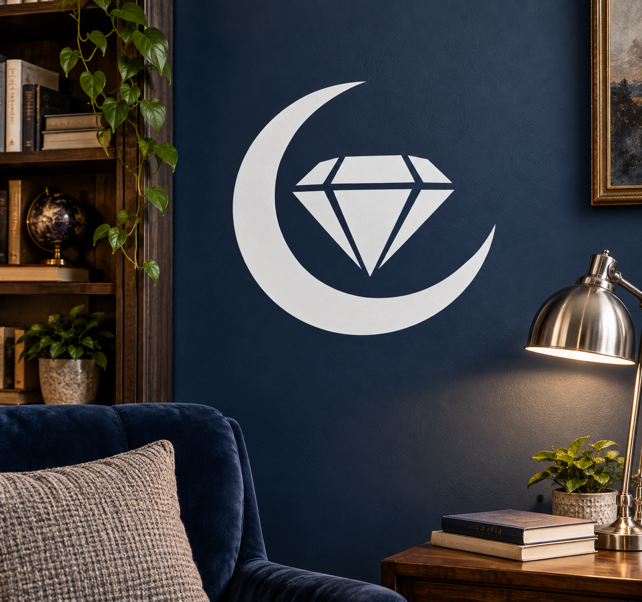 Diamond and crescent moon vinyl decal with white crescent and diamond outline