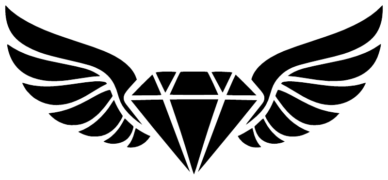 Black diamond with feather wings vinyl decal, centered close-up