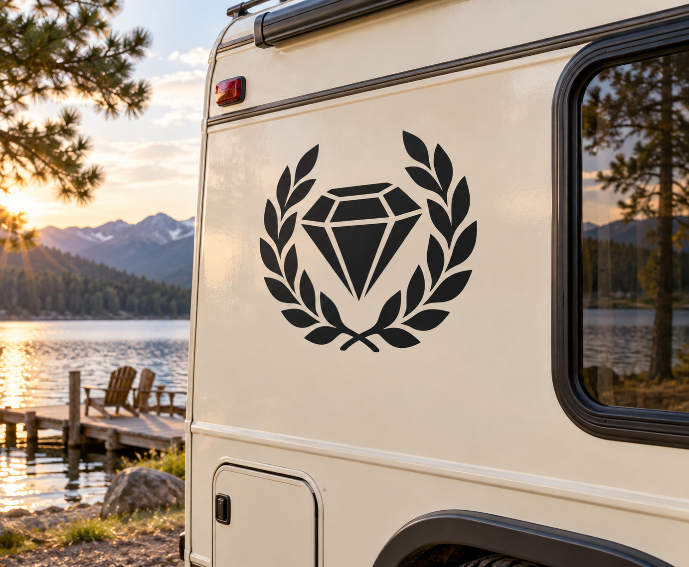 Diamond and laurel arch vinyl decal, black diamond with laurel leaves on vehicle panel