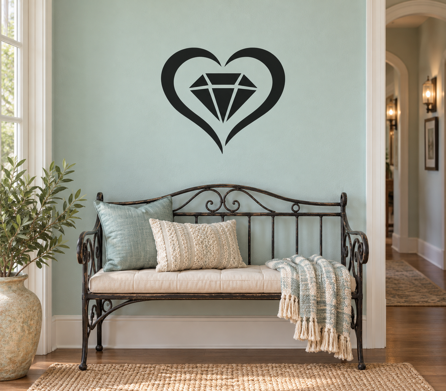 Open-heart vinyl decal with centered diamond graphic in black