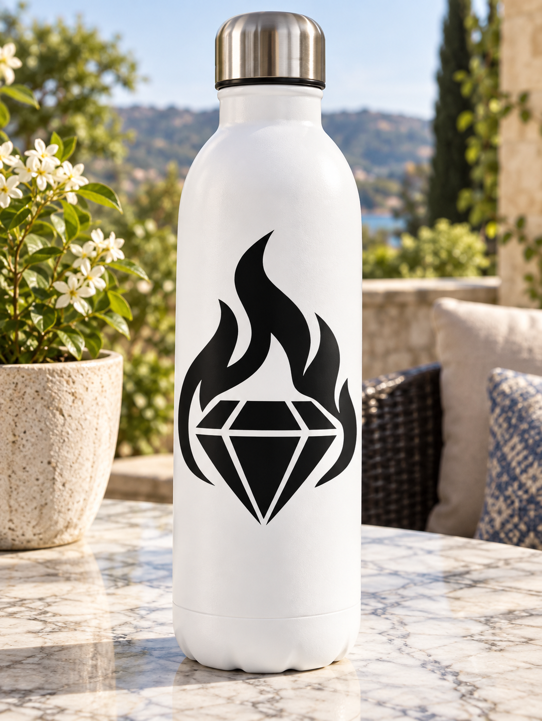 Black flame and diamond vinyl decal on a white bottle