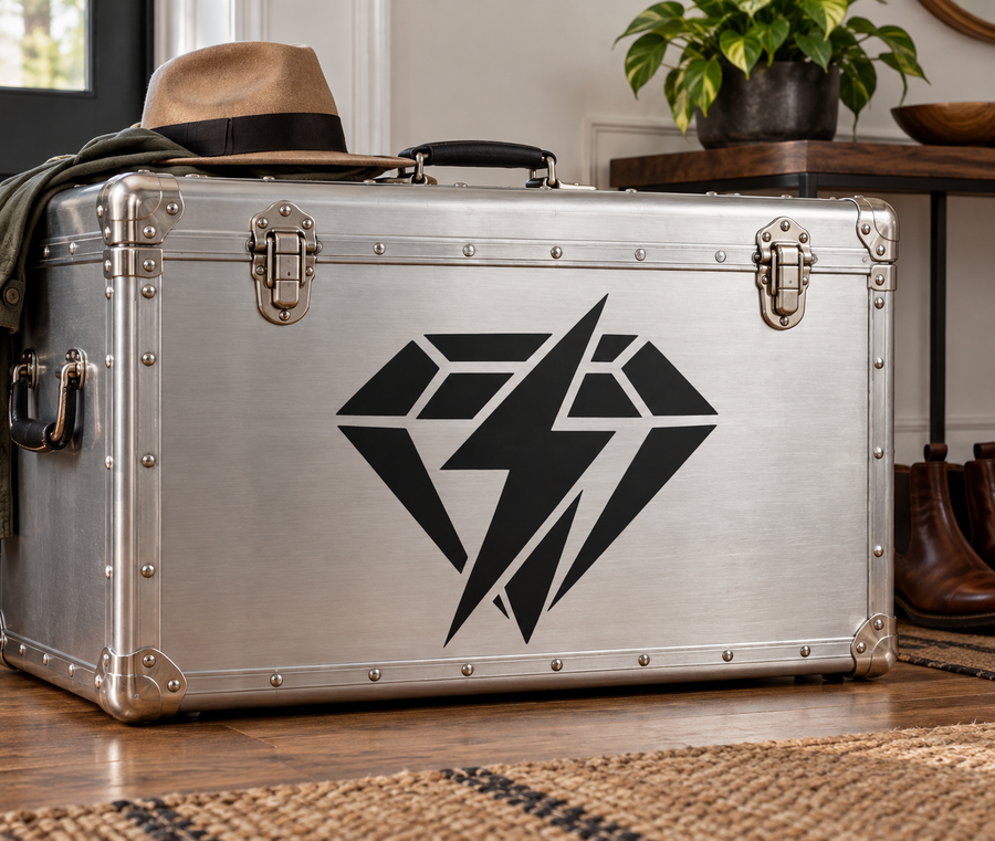 Vinyl decal with black diamond and lightning bolt emblem on a metal case