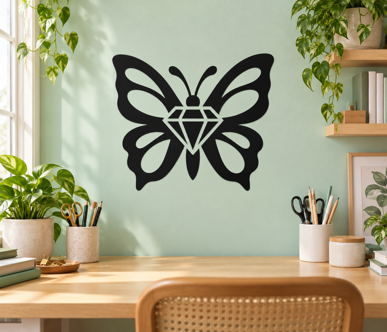 Black butterfly vinyl decal with diamond-shaped centerpiece