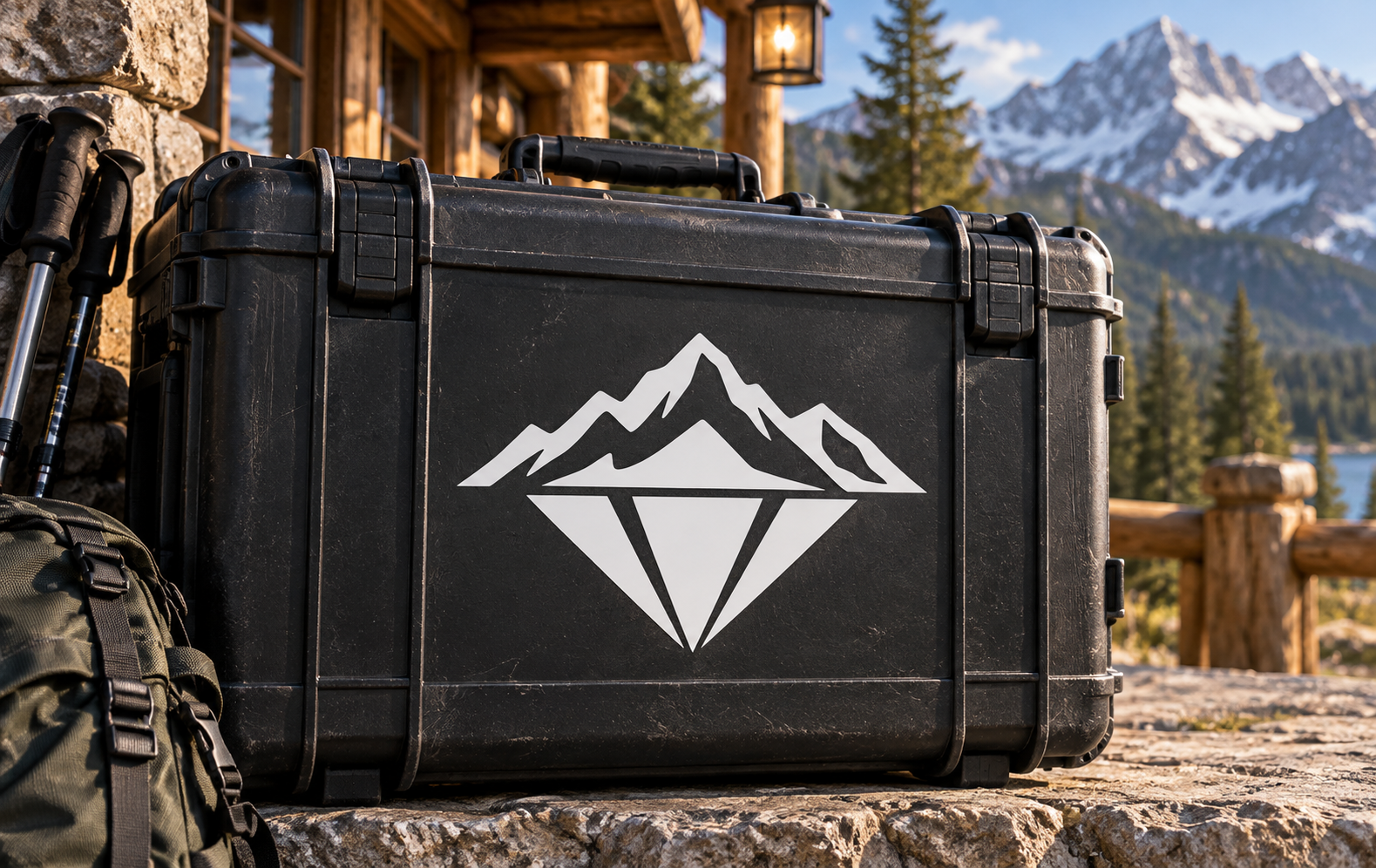 Mountain and diamond vinyl decal on black case with white mountain and diamond