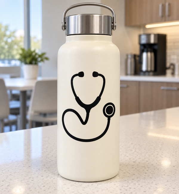Classic stethoscope vinyl decal with black stethoscope icon on light bottle