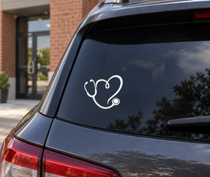 Heart of Care vinyl decal: white stethoscope wrapped around heart icon