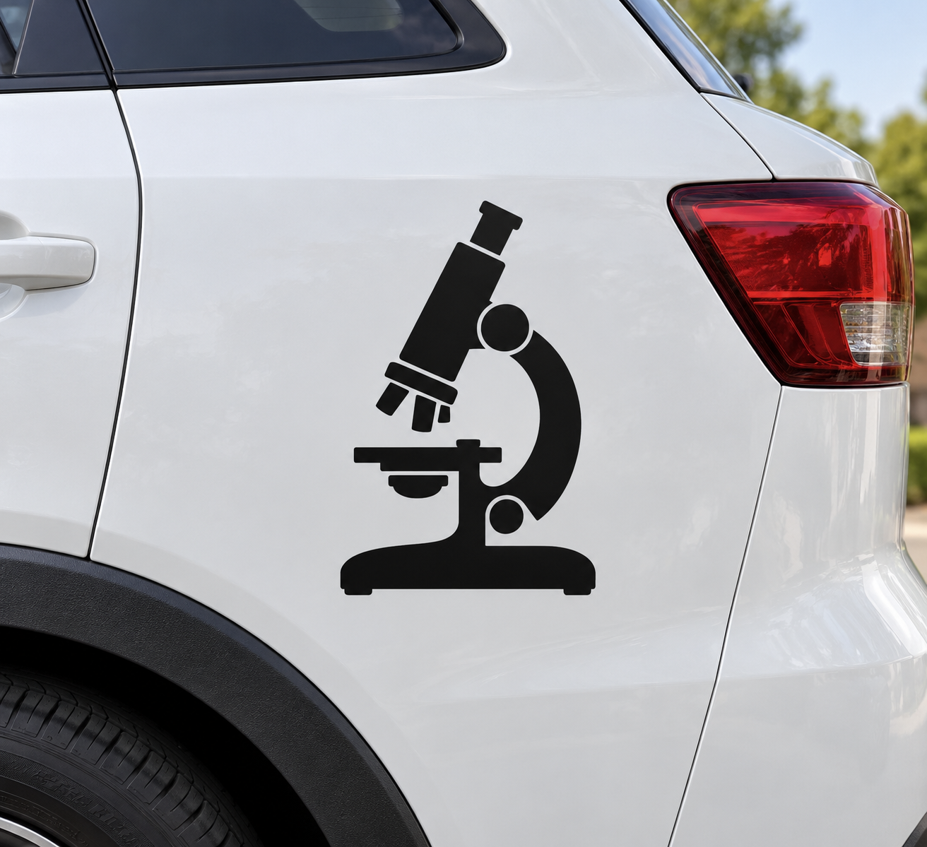 Medical microscope silhouette vinyl decal, black on white car door