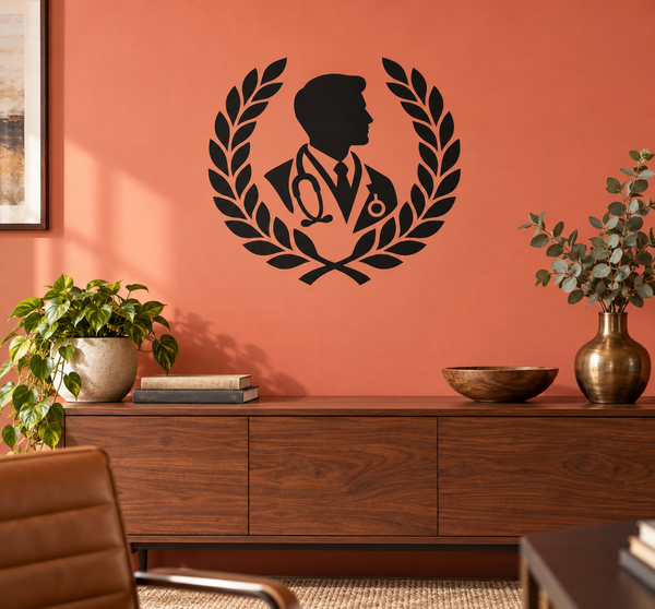 Doctor profile vinyl wall decal with laurel wreath and stethoscope silhouette