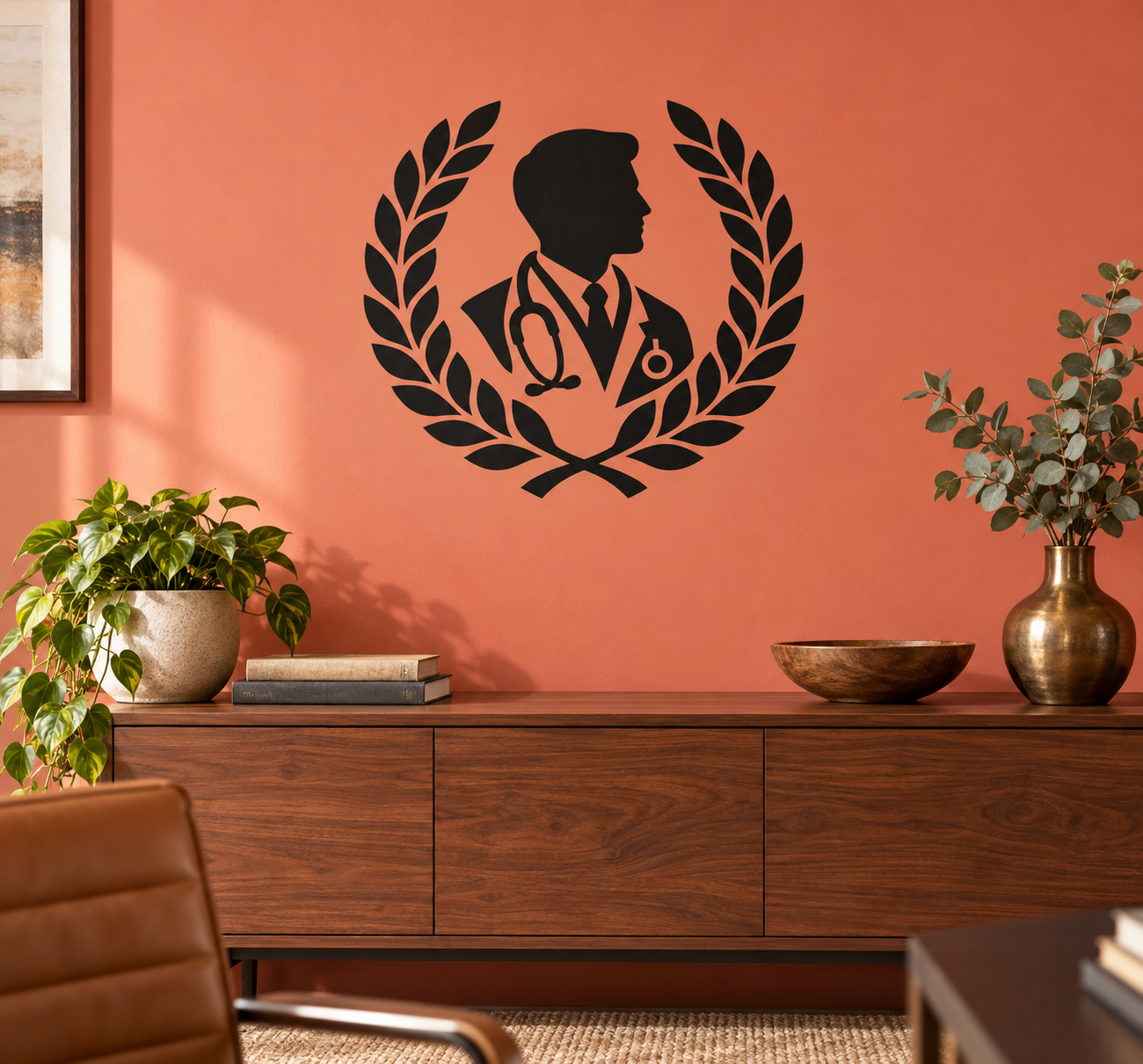 Doctor profile vinyl wall decal with laurel wreath and stethoscope silhouette