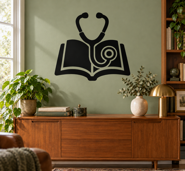 Black vinyl wall decal of an open book with a stethoscope and chestpiece