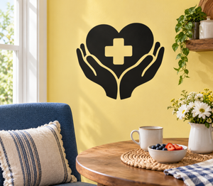 Doctor hands and heart vinyl decal, black heart with white cross held by hands