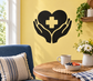 Doctor hands and heart vinyl decal, black heart with white cross held by hands