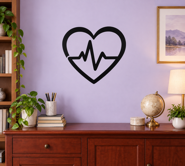 Heart-shaped vinyl decal with black ECG pulse line inside