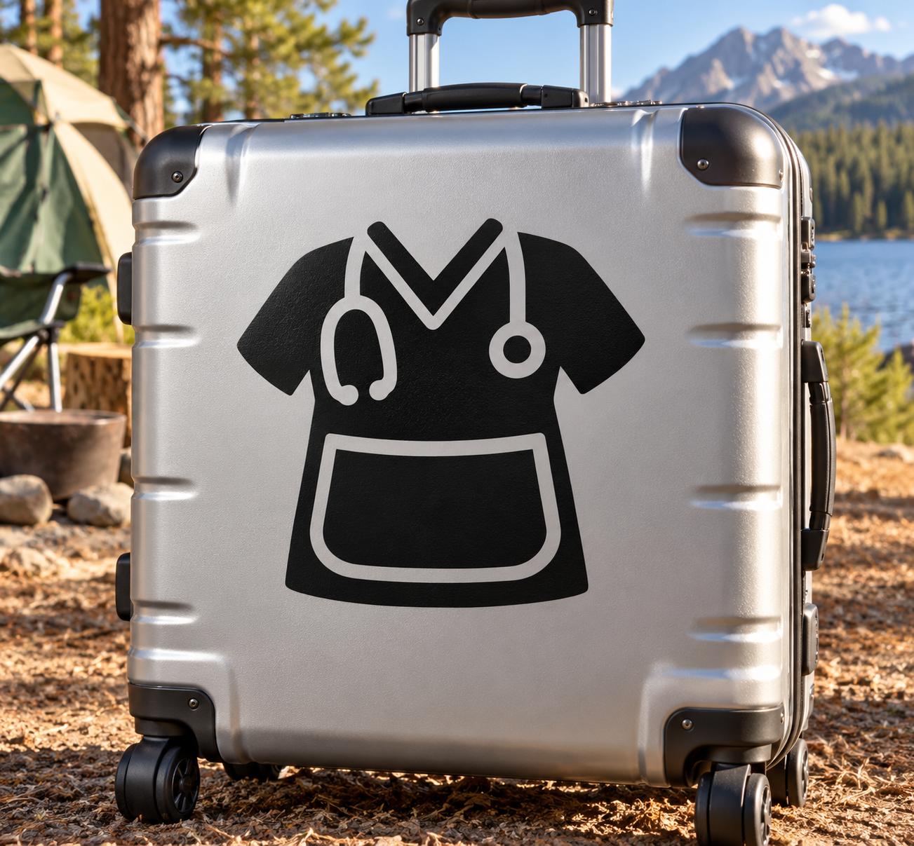 Medical scrub pocket vinyl decal: black scrub icon with stethoscope on silver suitcase