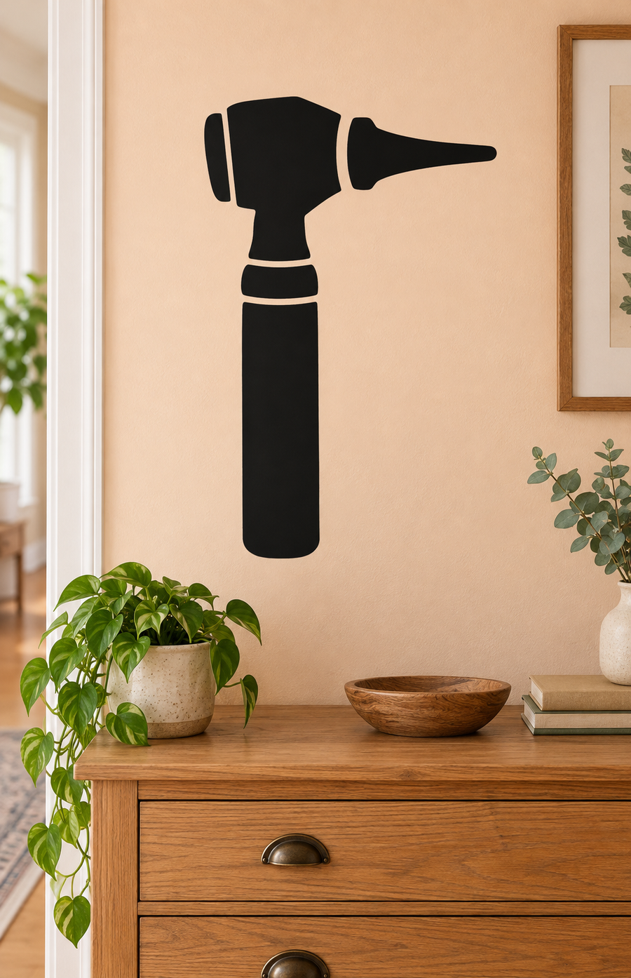 Black otoscope silhouette vinyl decal with doctor-style handle and front nozzle