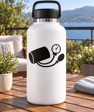 Blood pressure cuff vinyl decal silhouette on white bottle, black cuff and gauge