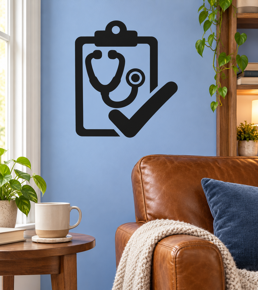Doctor clipboard and stethoscope checkmark vinyl decal, black icon design.