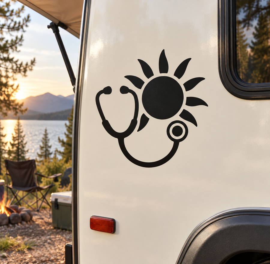 Black stethoscope and sun vinyl decal on white vehicle panel