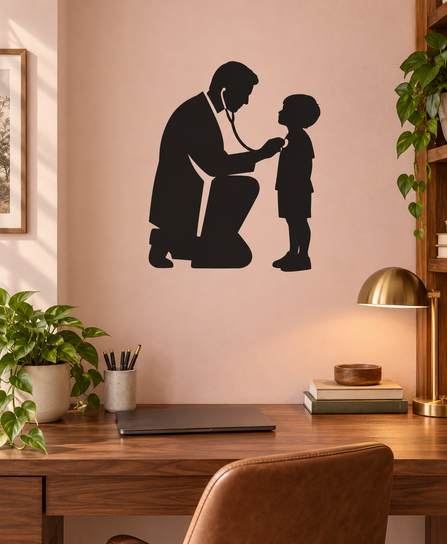 Doctor and child silhouette vinyl wall decal, black kneeling doctor holding child
