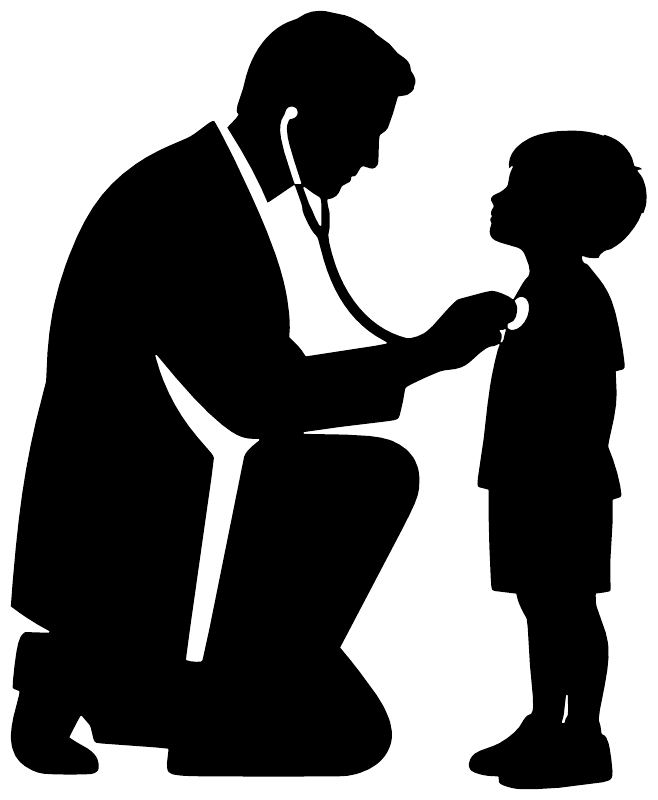 Doctor with stethoscope silhouette and child vinyl decal, black figures