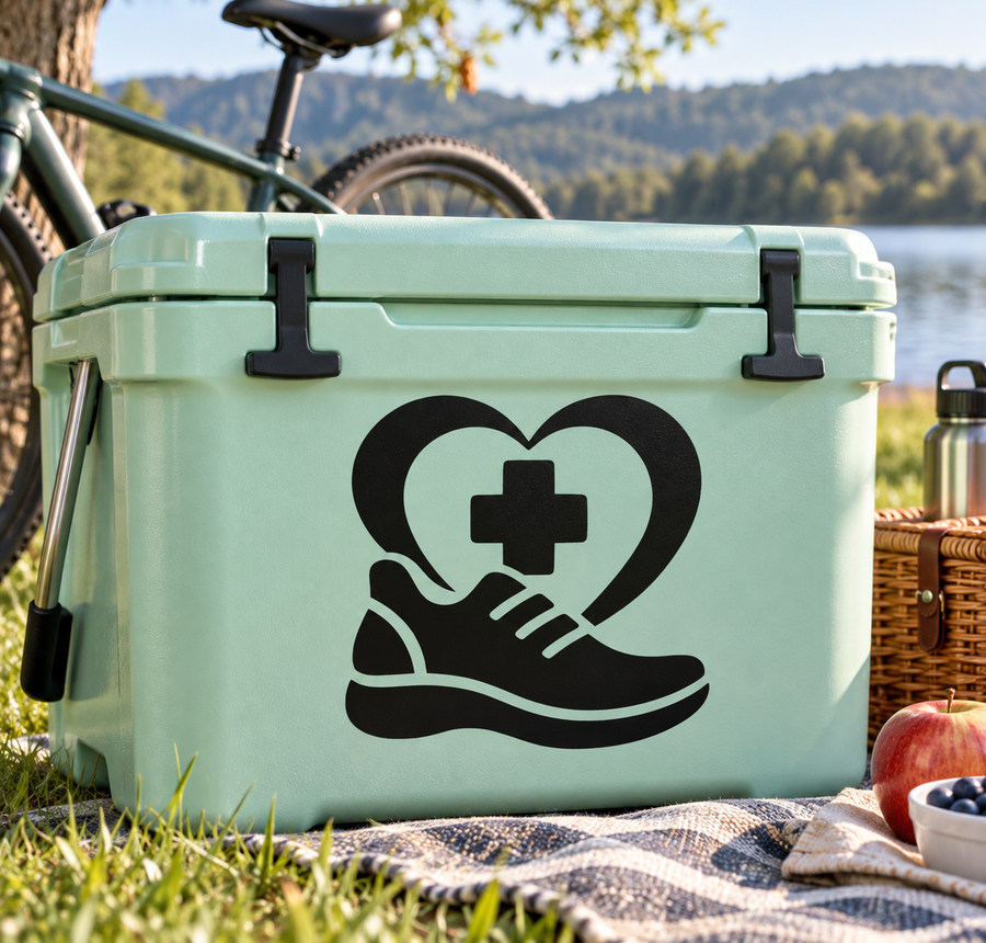 Medical heart vinyl decal with medical cross and shoe, black design on mint surface