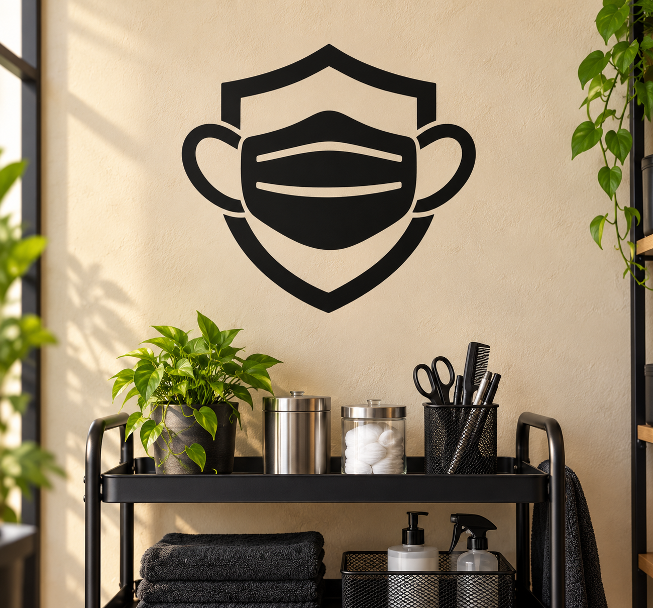Medical mask and shield vinyl decal with black open shield and mask icon