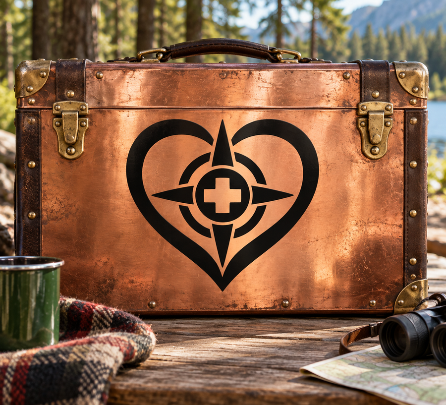 Medical heart vinyl decal with cross inside compass-style emblem on copper-brown surface