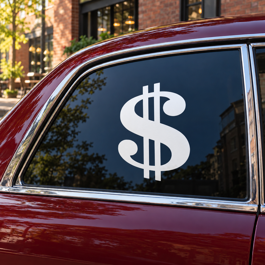 White double-bar dollar sign vinyl decal with rounded scroll ends