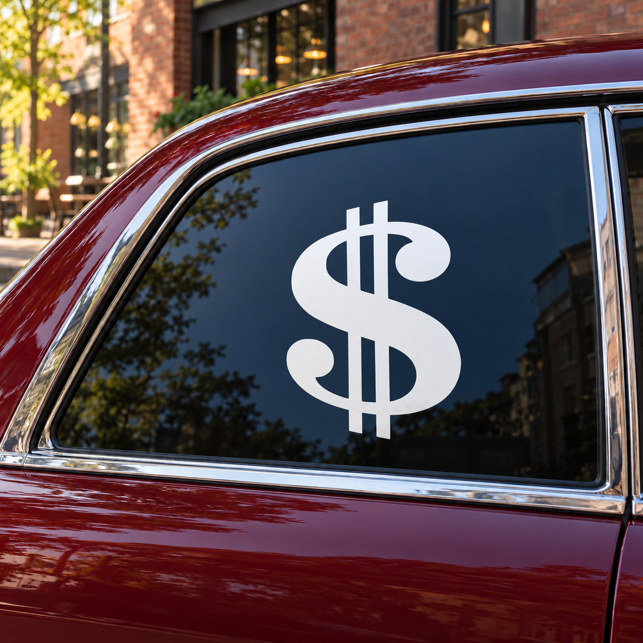 White double-bar dollar sign vinyl decal with rounded scroll ends