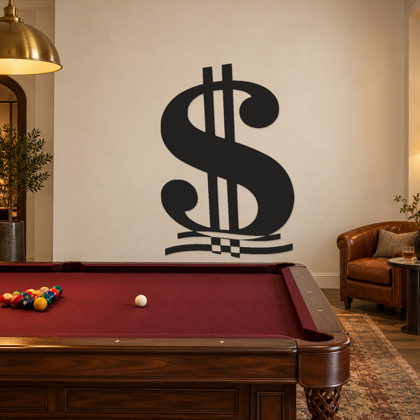 Black dollar-sign wall decal with double bars, checkered base accent, rounded scroll ends