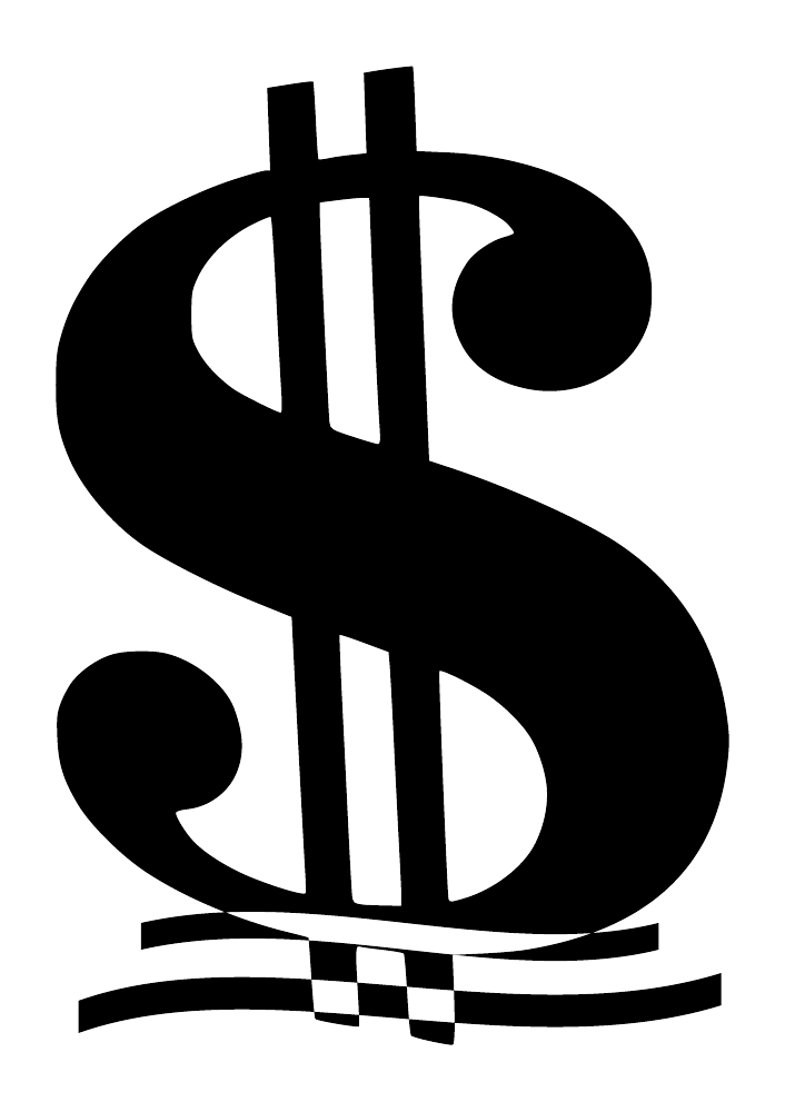 Black dollar-sign wall decal with double bars, rounded scroll ends, checkered base accent