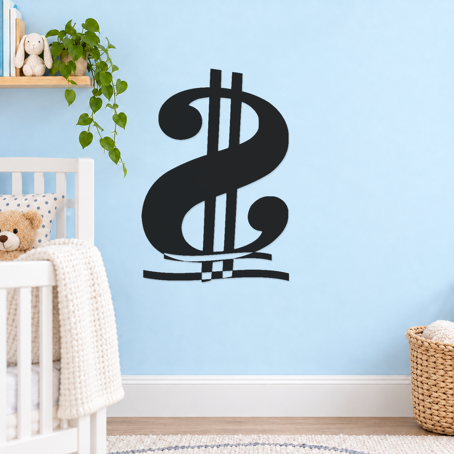 Black mirrored double dollar sign wall art with layered horizon ribbon base