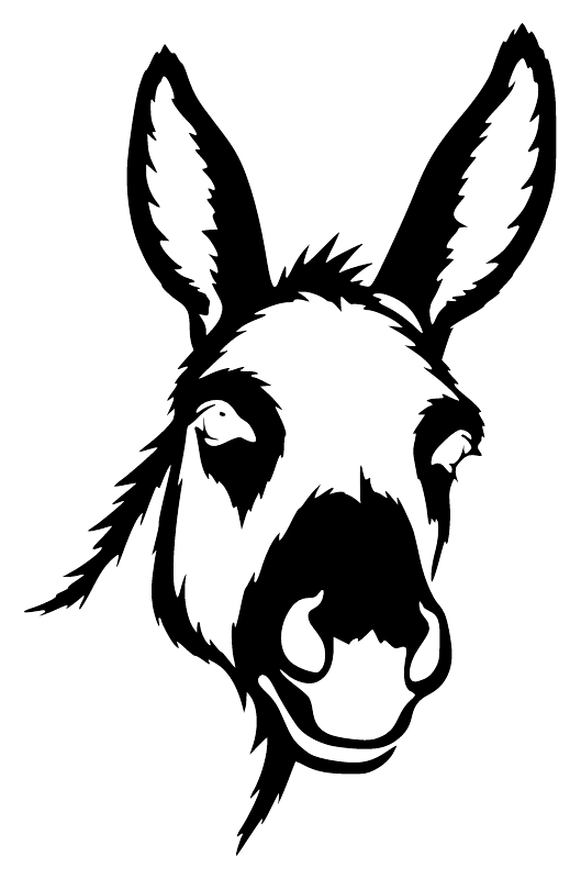 Black donkey portrait decal with tall ears, flowing mane, and white cutout details