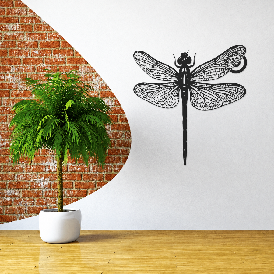 Black metal dragonfly wall art with layered halo and detailed veined wings