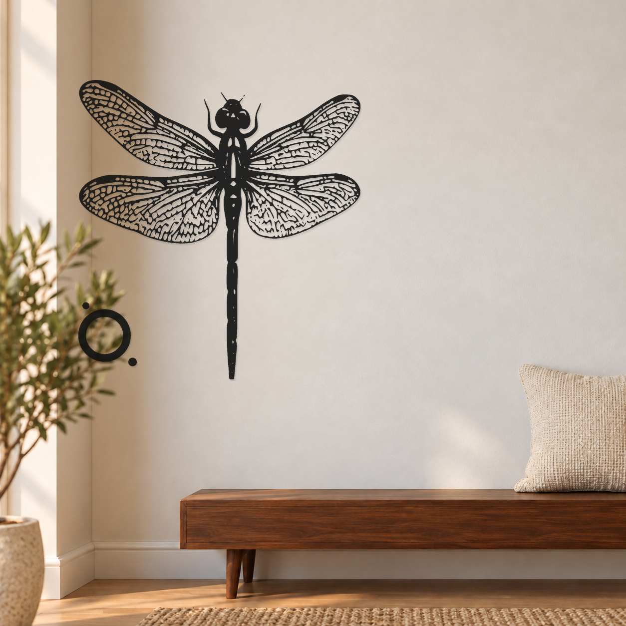 Black and white dragonfly wall art with mirrored veined wings and long antenna body