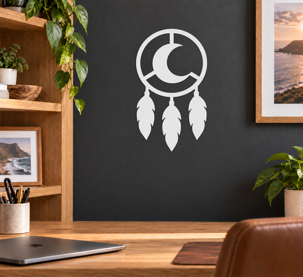 Crescent moon dreamcatcher vinyl decal with three dangling feather drops, black and white
