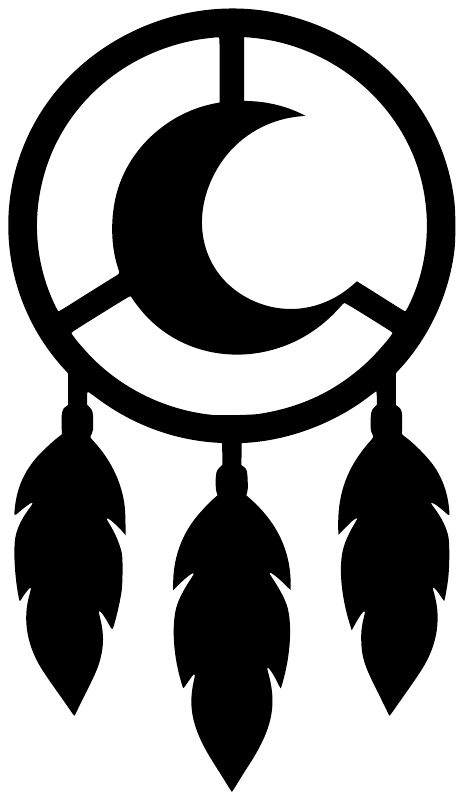 Black-and-white crescent moon dreamcatcher vinyl decal with three hanging feathers
