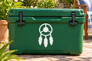 Dreamcatcher vinyl decal with white circular ring and three dangling feathers